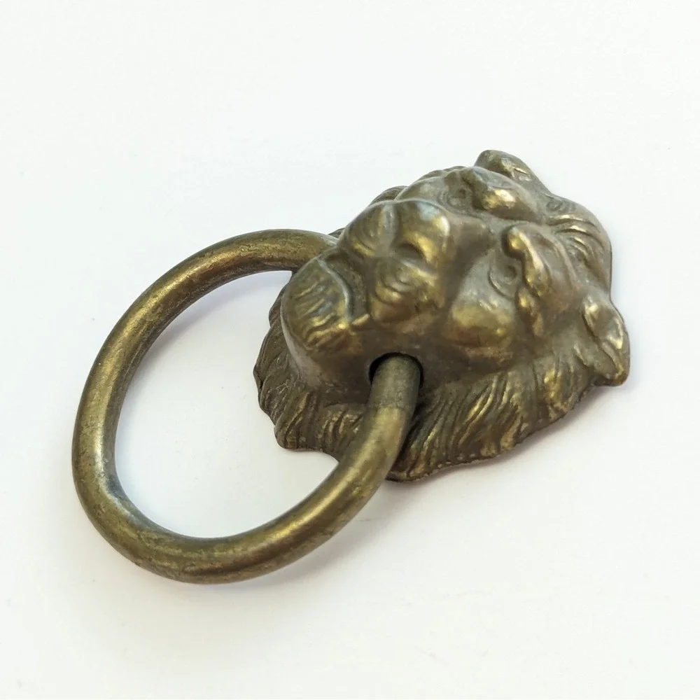Vintage Antiqued Brass Lion Head Drop Ring Drawer Pull Furniture Handle 2.5